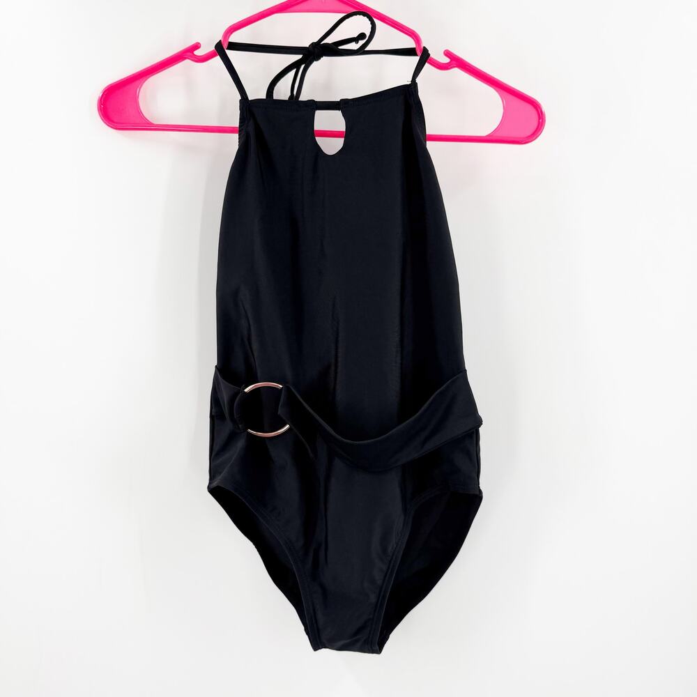 RAISINS GIRLS Swimsuit Size 12 One Piece Black NWT Halter Classic Swim Pool